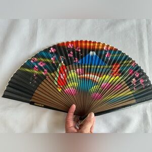 Antique 1905 Vintage Colorful Japanese Hand Fan in Original Glass Front Case